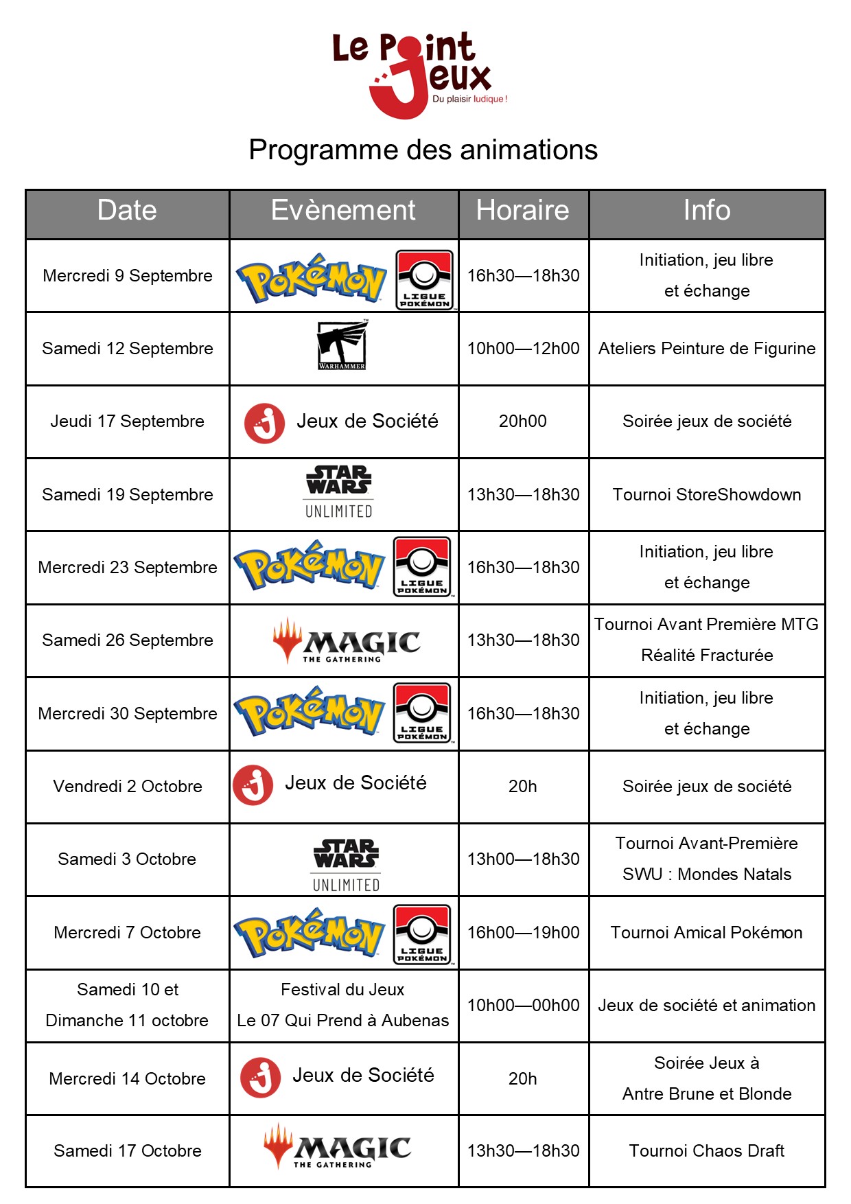 Programme des animations pour Septembre