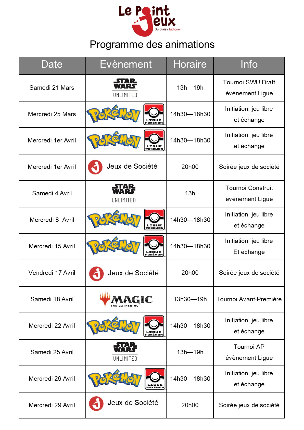 Programme des animations jusqu&rsquo;à fin Avril