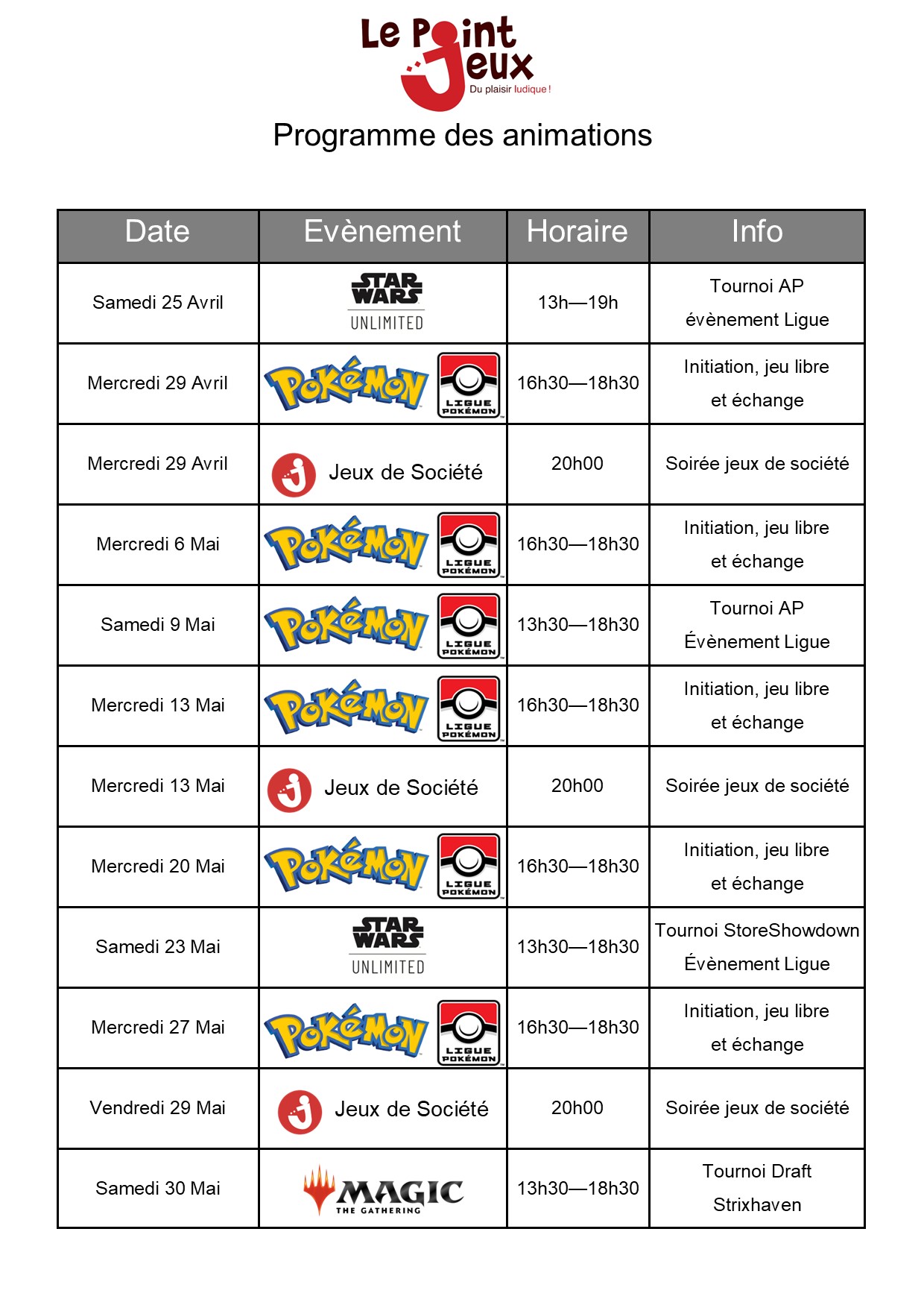 Programme des animations jusqu&rsquo;à fin Mai