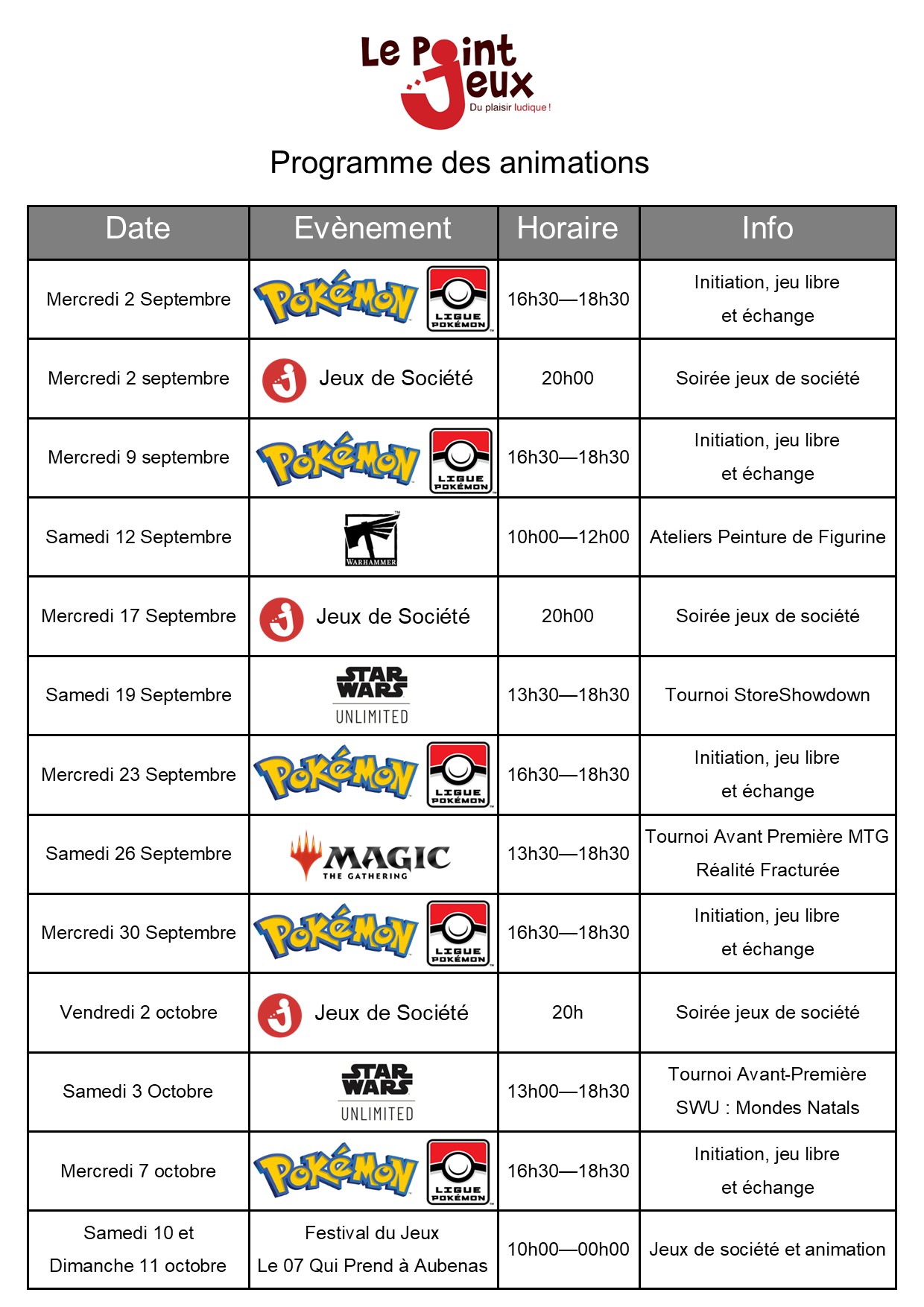 Programme des animations pour Septembre
